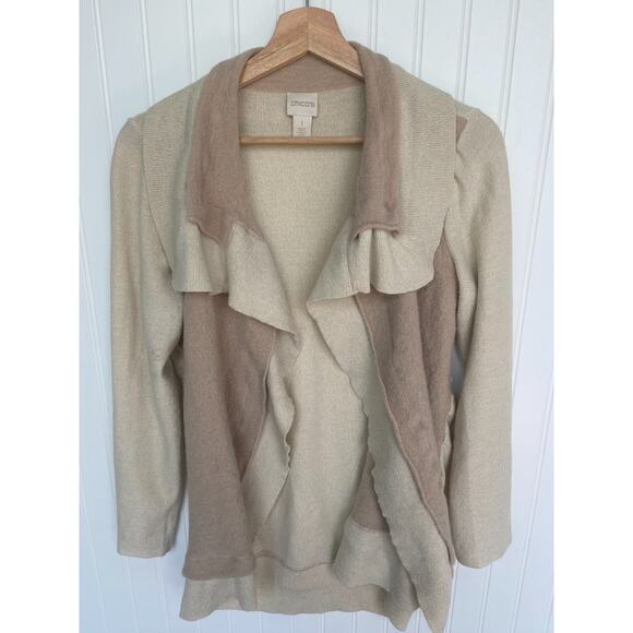 Chico's Cardigan Sweater Sz 1 Beige, Wool Double Layer Margie Sand Pear - Picture 3 of 6